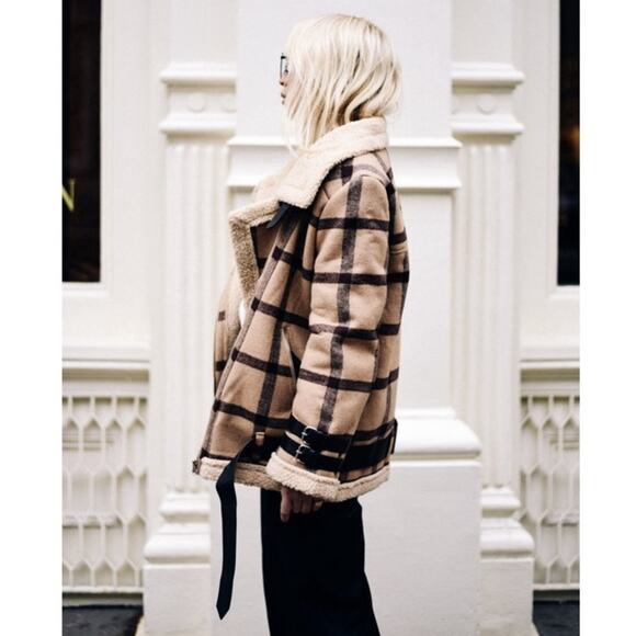 J.O.A. Jackets & Blazers - NWT J.O.A Aviator Jacket Sherpa Lined Plaid Vintage Checkered Belted Womens XS